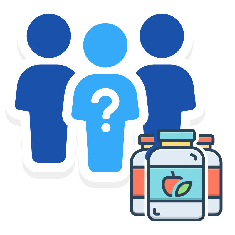 Blue people icon with question mark and supplement bottles icon - best supplement for brain fog and mental fatigue